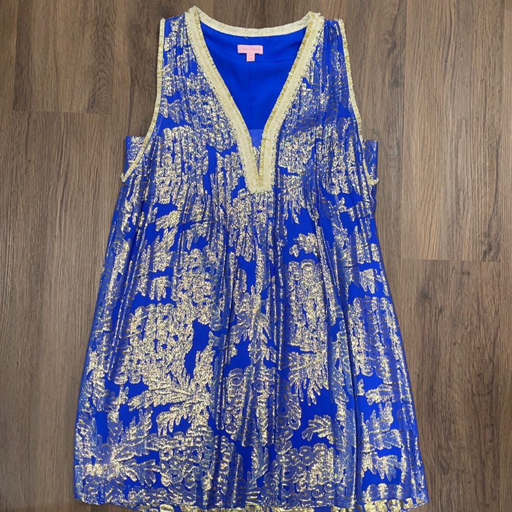 Lilly Pulitzer gold, royal blue shimmer dress,M